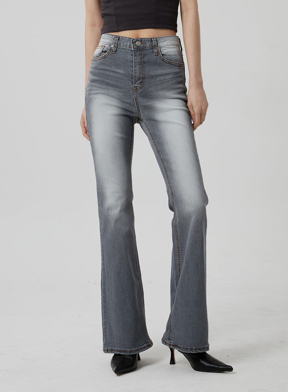 Slim Fit Bootcut Jeans CF307 in grey, front waist-to-hem close-up on model, high-rise five-pocket style, cotton-spandex blend with gradient fade, slim bootcut leg, dark crop top.