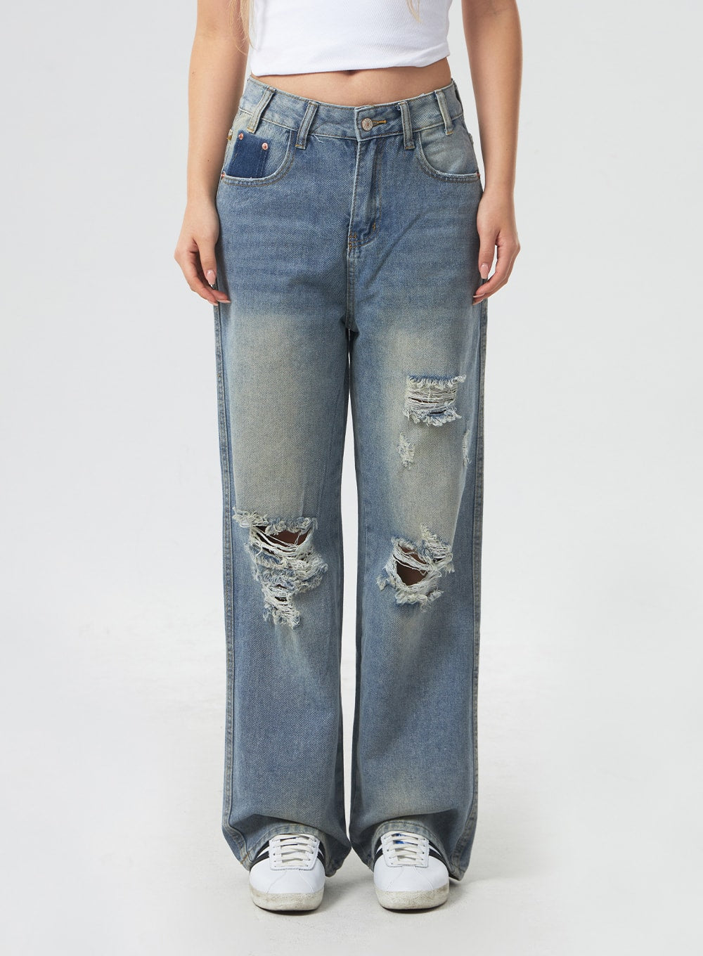 Low Rise Ripped Wide Jeans CA303