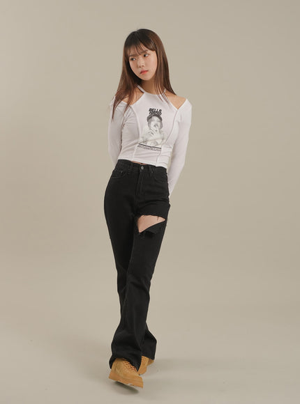 Cut Out Halter neck Long Sleeve T Shirt