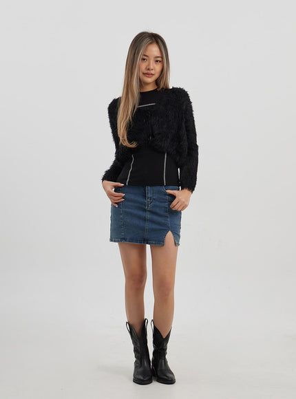 人造毛皮兩粒扣短款開衫 CJ325