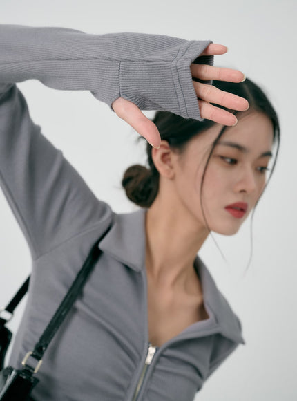 荷葉邊拉鍊長袖上衣 ID08