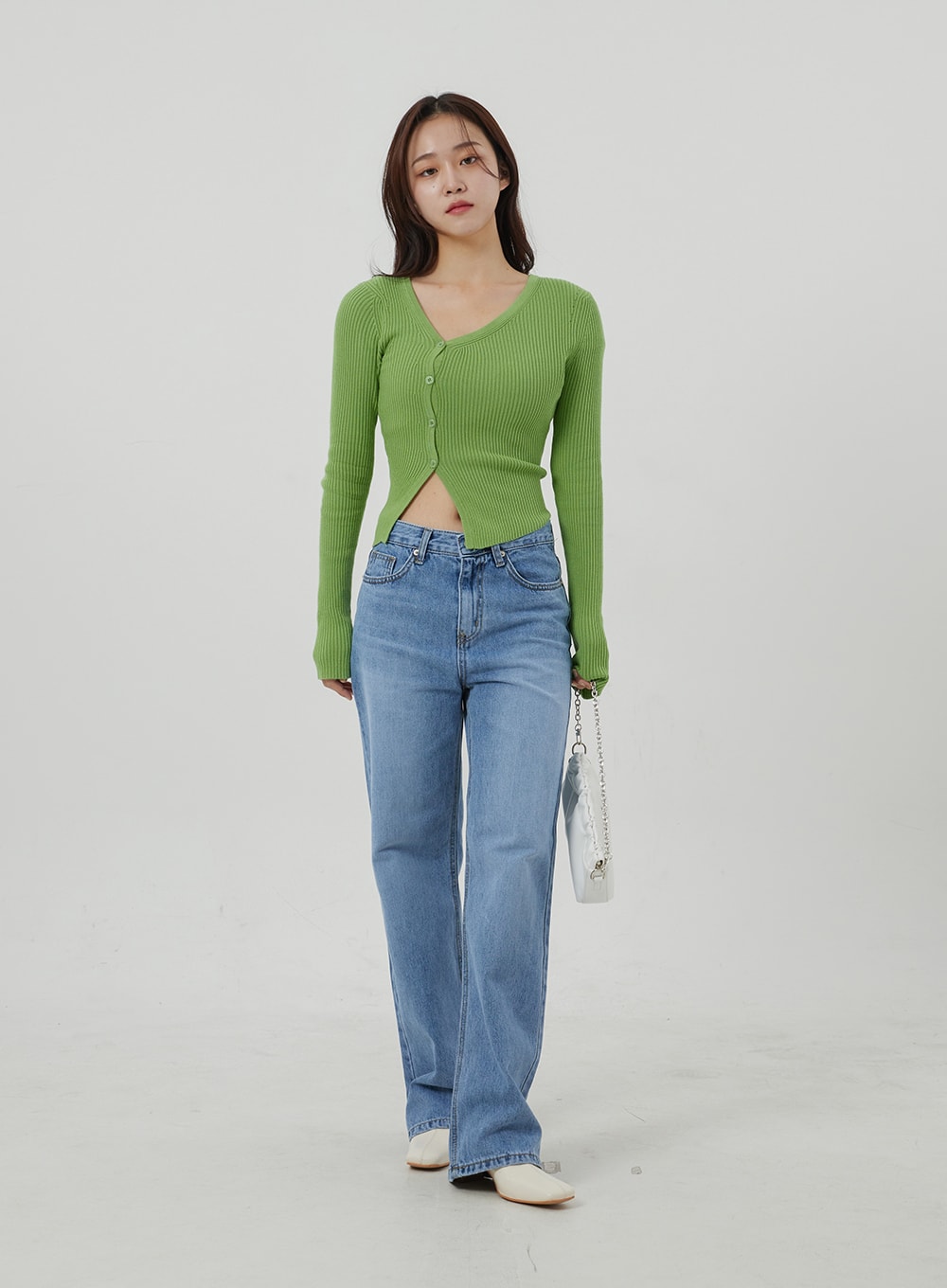 Unbalanced Ribbed Knit Button Cropped Top OJ319