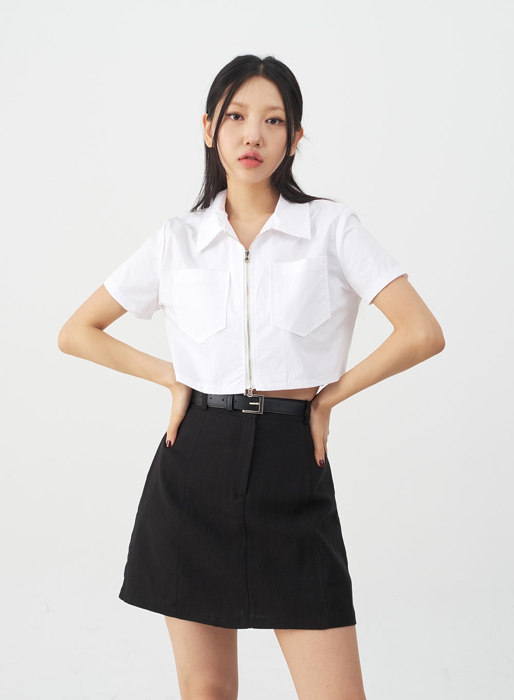 Pocketed Zip-up Cropped Shirt CJ14