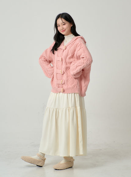 Button Hooded Twist Pattern Knit Cardigan BN02