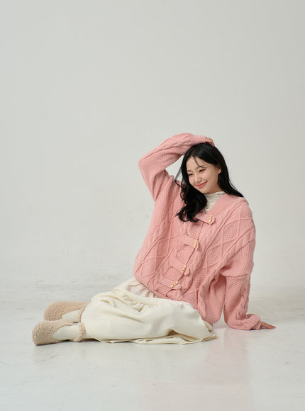 Button Hooded Twist Pattern Knit Cardigan BN02