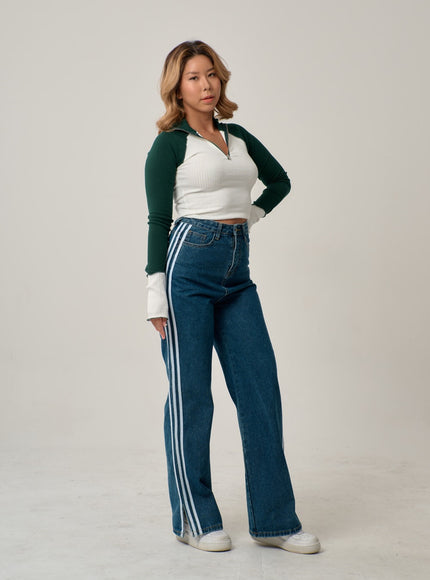 側條紋直筒牛仔褲 IN22