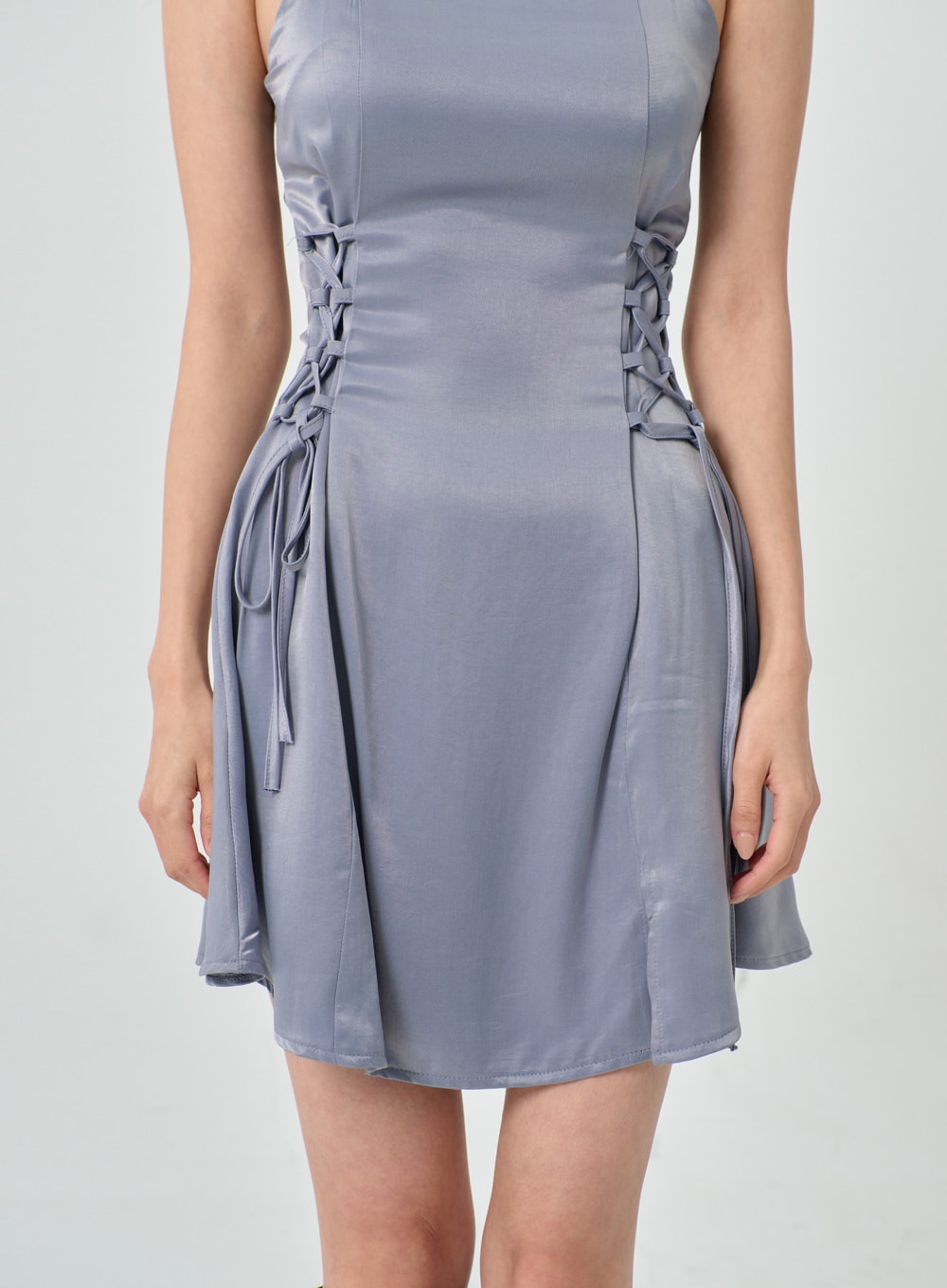 Silky Satin Cross Waist Tie Thin Strap Mini Dress IO27 - Korean 