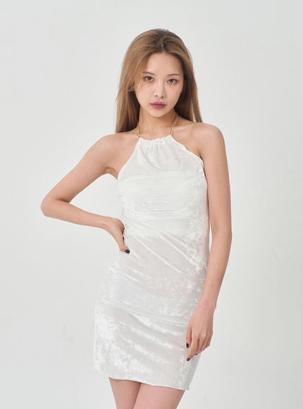 天鵝絨無袖頸部鏈條迷你連衣裙 BD23