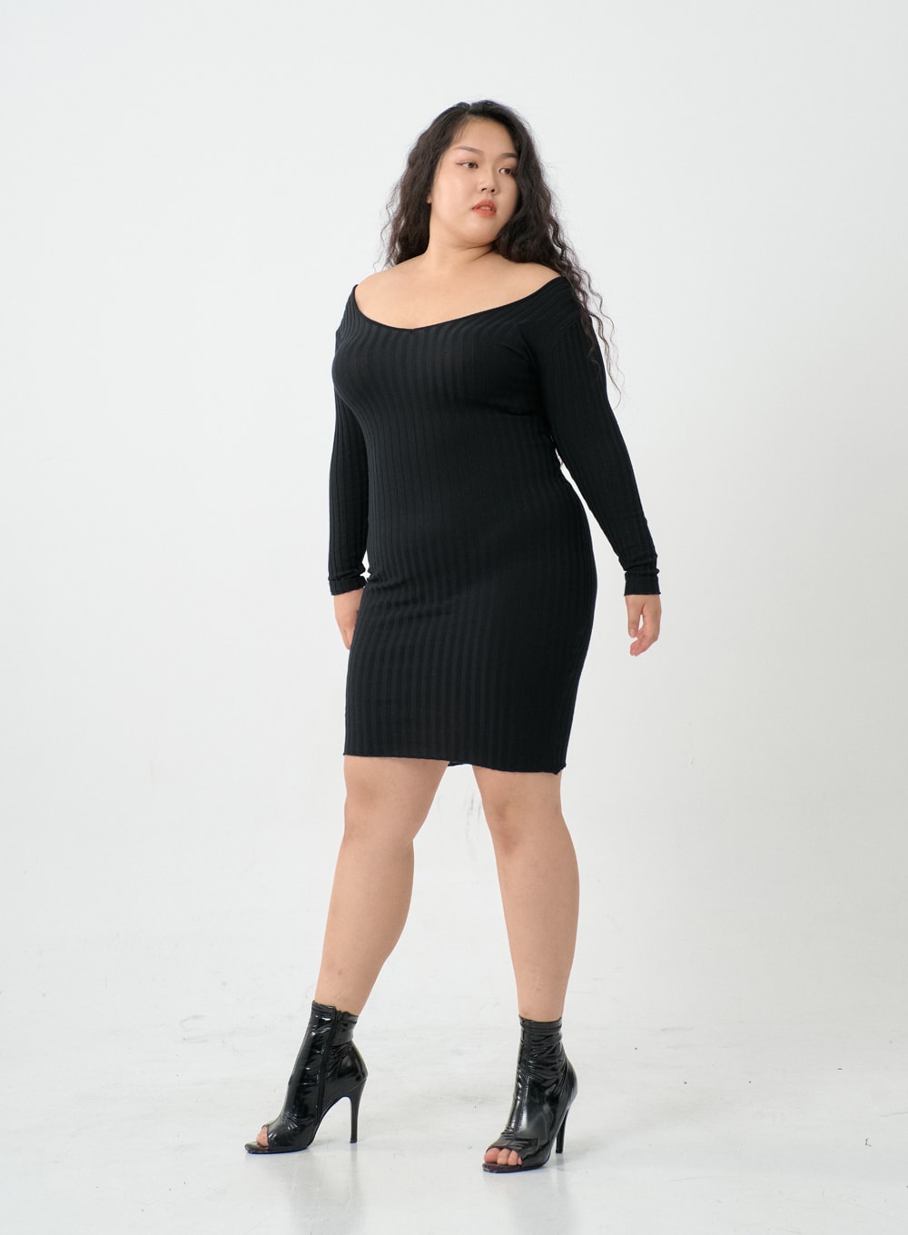 Plus V-Neck Sexy Long Sleeve Elastic Slim Knit Sweater Mini Dress IO05