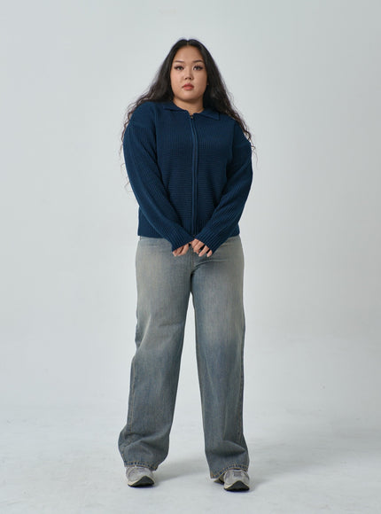 加華夫格圖案領雙向拉鍊針織衫