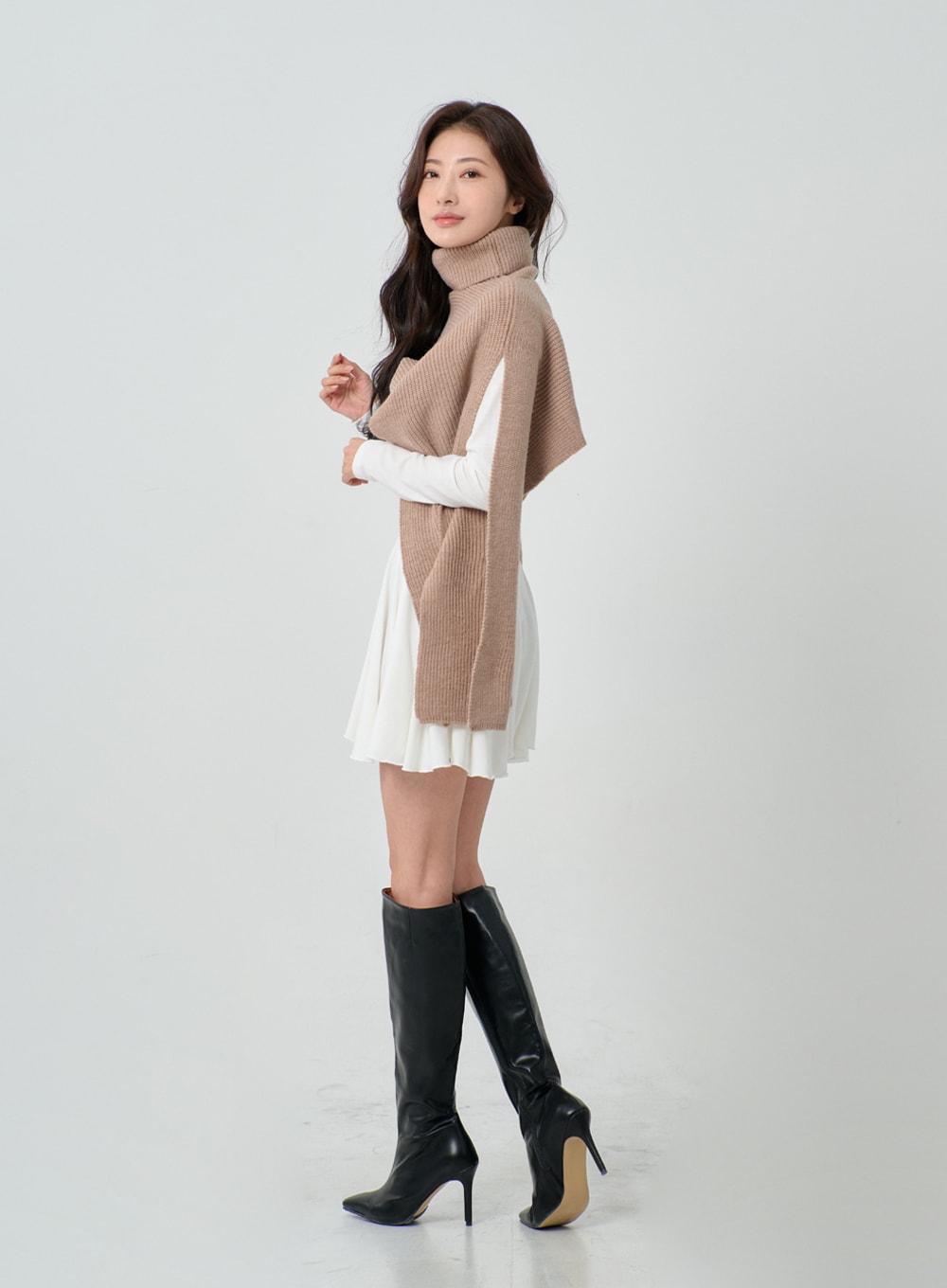 Layering Turtleneck Long Knit Cape IO26