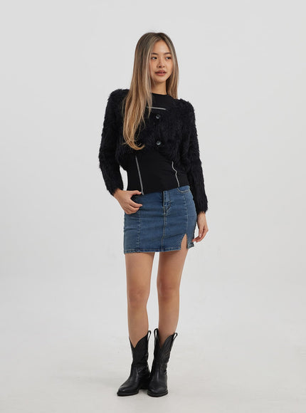 人造毛皮兩粒扣短款開衫 CJ325