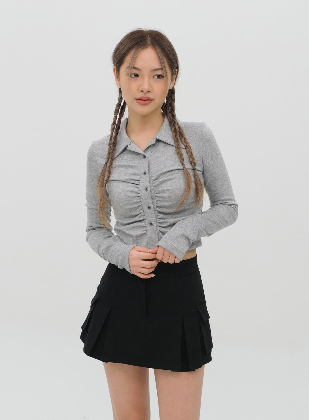 Cropped Shirt with Front Shirring C1002