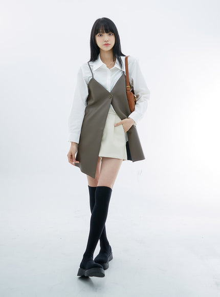 One Button Faux Leather Mini Dress OS29