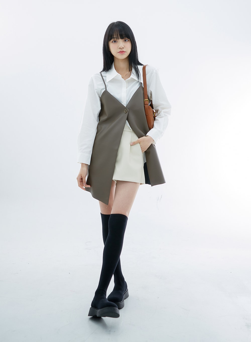 One Button Faux Leather Mini Dress OS29