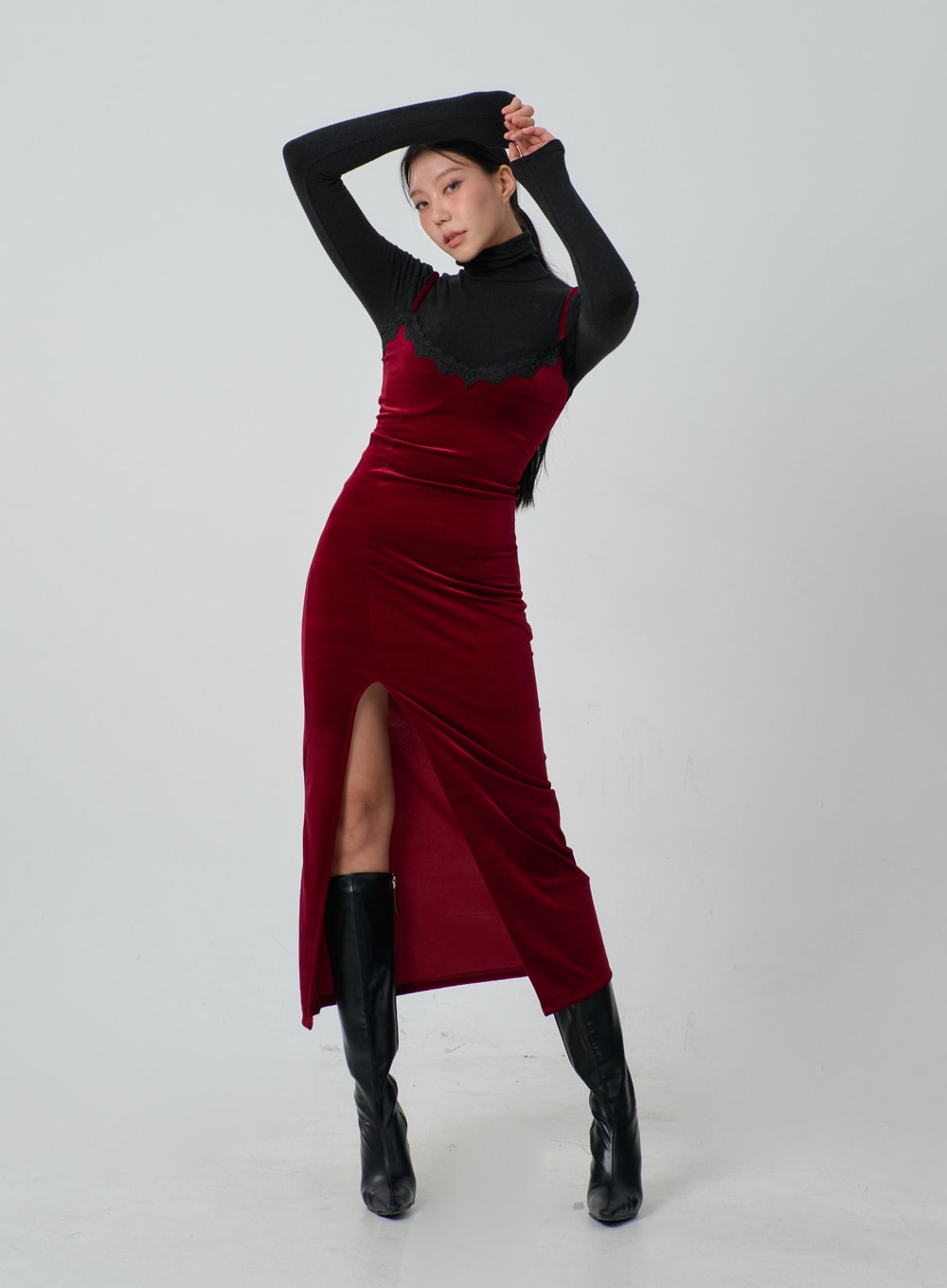 Velvet Lingerie Style Thin Strap Maxi Dress IJ319