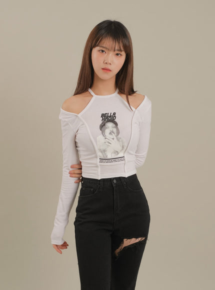 Cut Out Halter neck Long Sleeve T Shirt