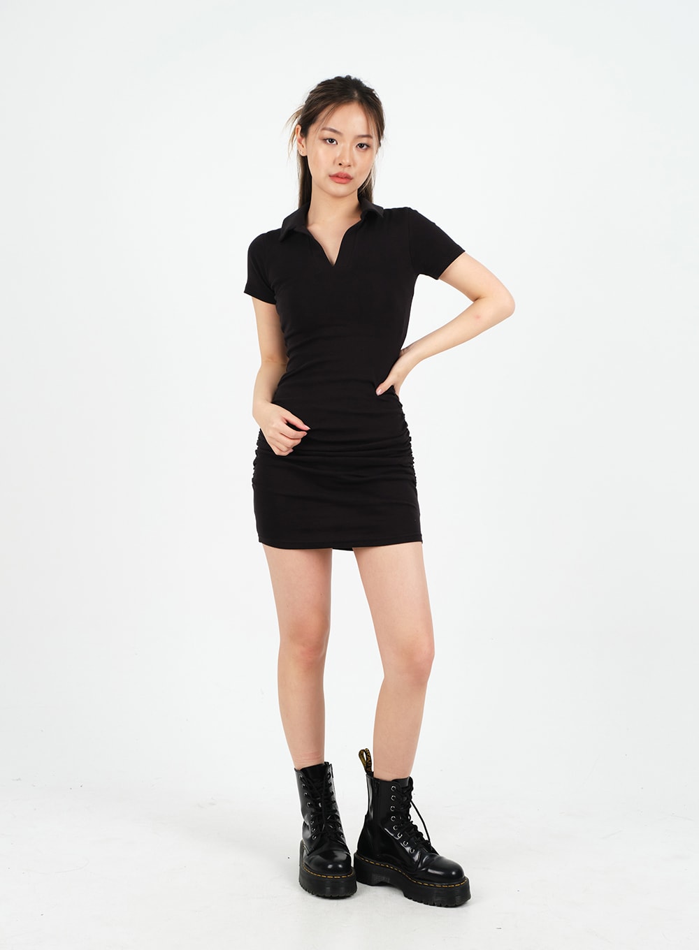 Mini Dress with Open Collar and Side Shirring CM4