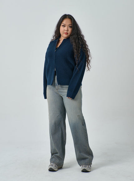 加華夫格圖案領雙向拉鍊針織衫