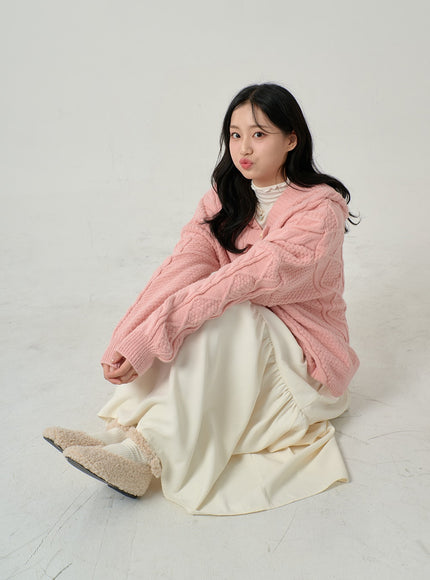 Button Hooded Twist Pattern Knit Cardigan BN02