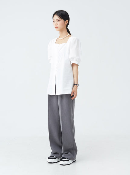 Square Neck Button-Down Slit Blouse OU19