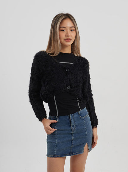 人造毛皮兩粒扣短款開衫 CJ325