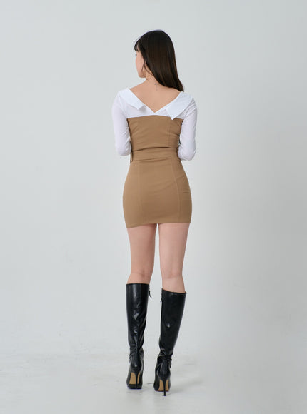 分層式 V 領鈕扣腰帶迷你連衣裙 ID29