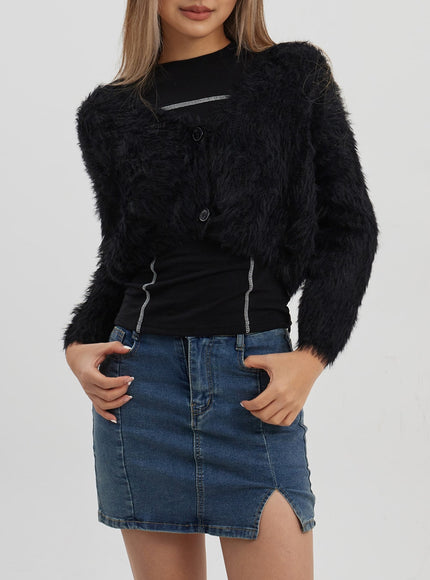 人造毛皮兩粒扣短款開衫 CJ325