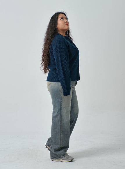 加華夫格圖案領雙向拉鍊針織衫