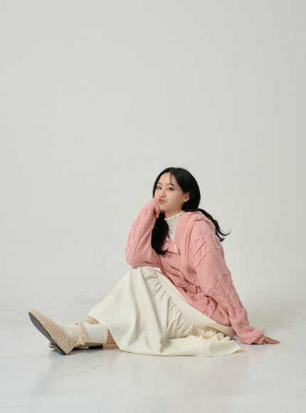 Button Hooded Twist Pattern Knit Cardigan BN02