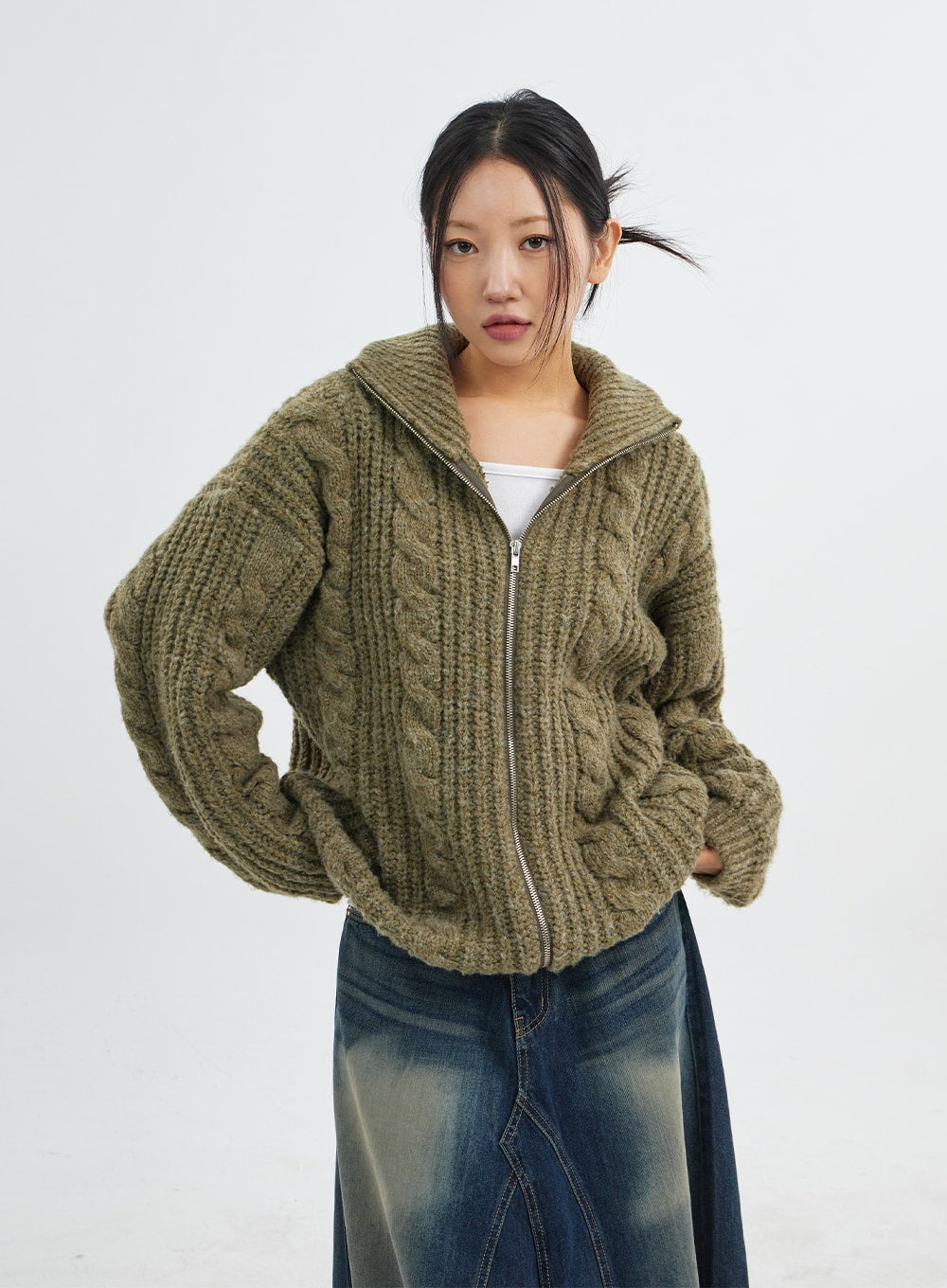 Cable Knit Oversized Zip Up Sweater CJ317