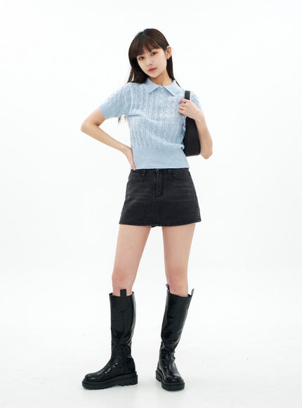 Cable Knit Collared Short-sleeve Sweater CA01