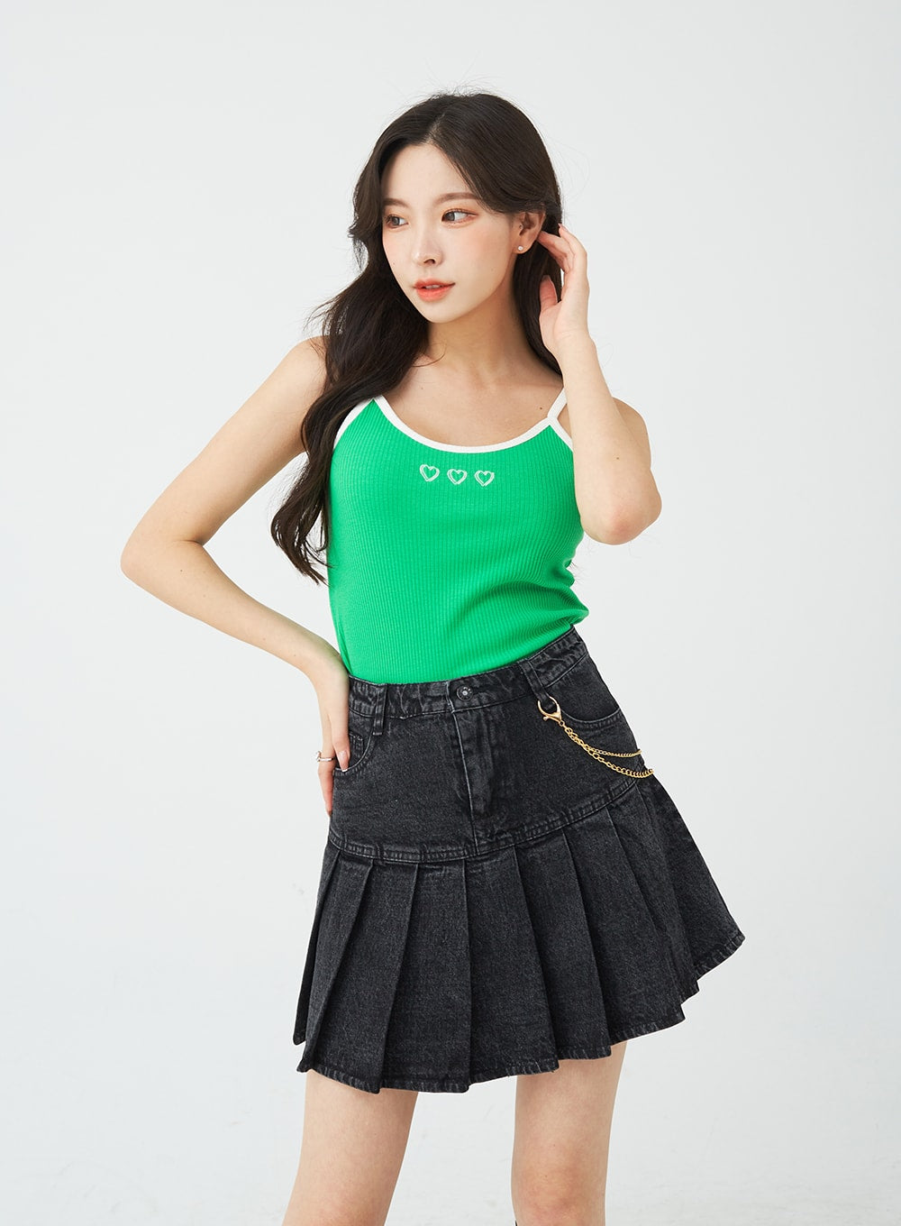 Half Pleated Denim Mini Skirt with Chain Belt BU2207