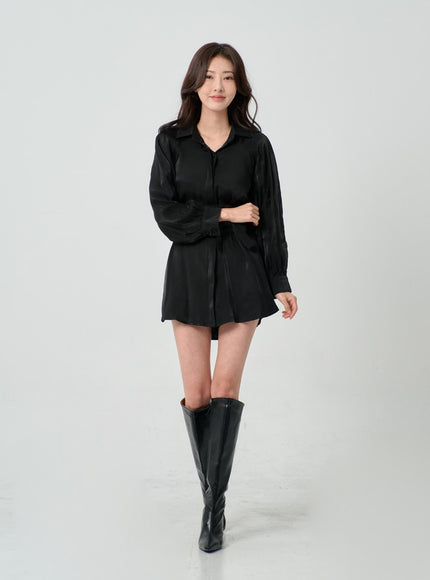 高腰絲帶襯衫褲套裝 IN08