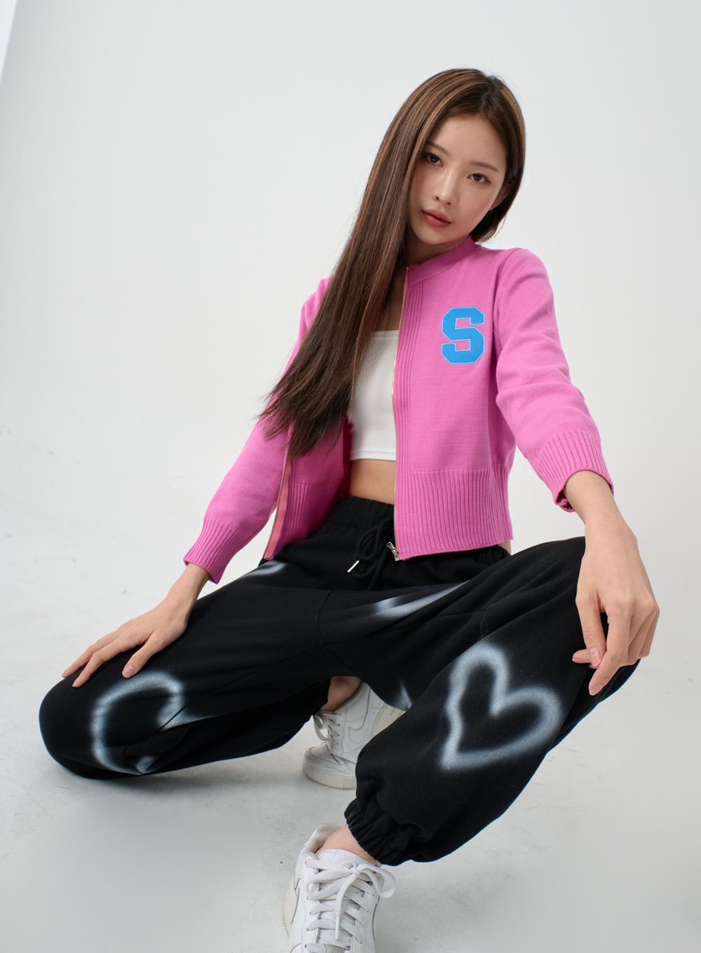 S Lettering Knit Long Sleeve Zip Up IS06