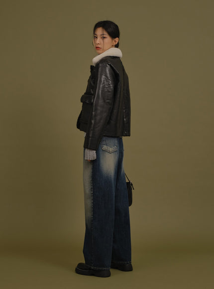 水洗闊腿牛仔褲