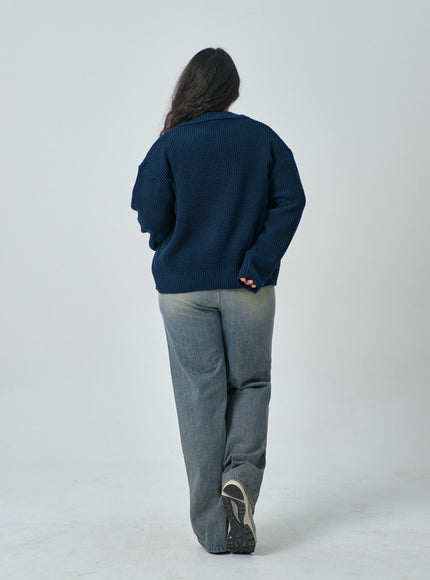 加華夫格圖案領雙向拉鍊針織衫