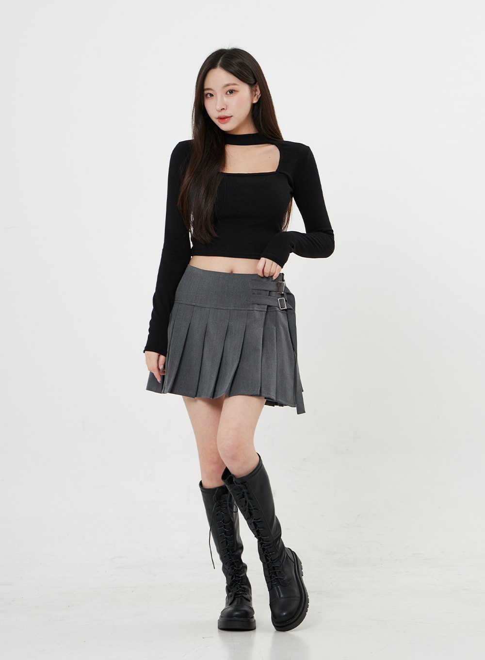 Two Side Belt Pleated Mini Skirt BO27