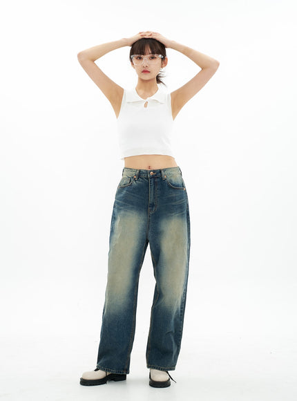 Bleached Wide Leg Denim Pants CA07