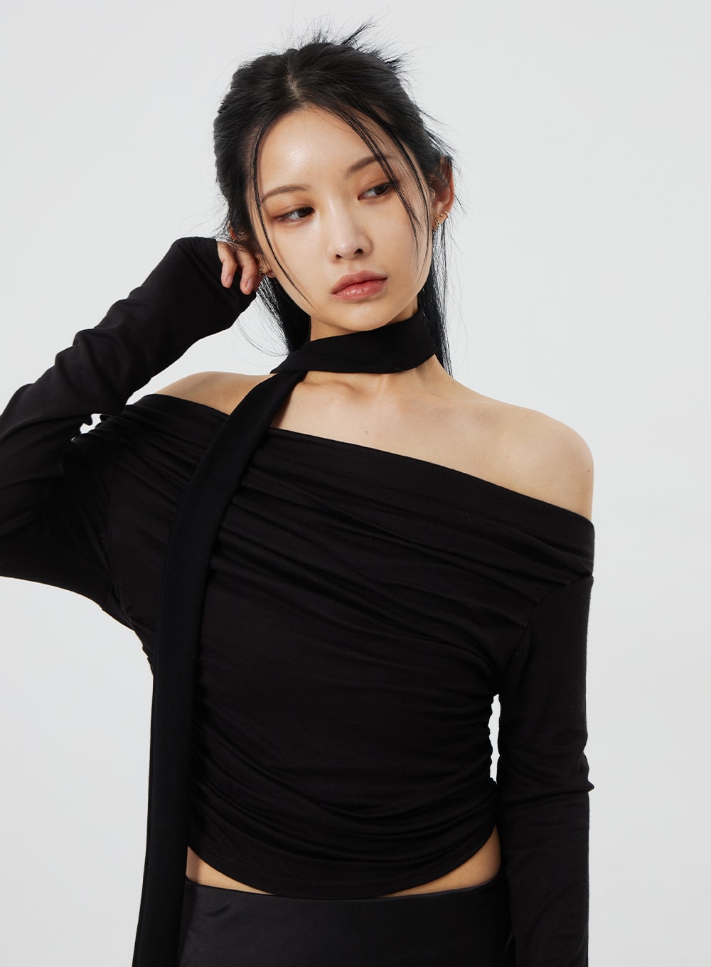 Women Off Shoulder Crop Tops Asymmetrical Neck Long Sleeve Slim