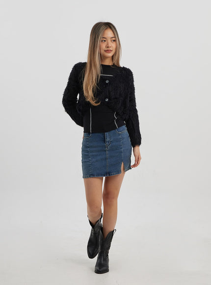 人造毛皮兩粒扣短款開衫 CJ325
