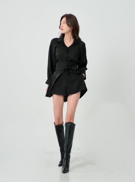 高腰絲帶襯衫褲套裝 IN08