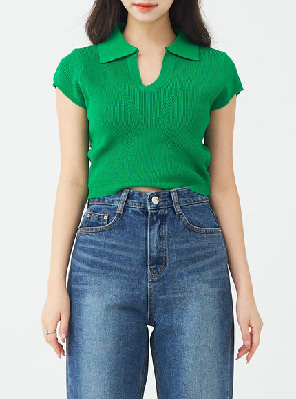 V-Neck Collar Crop Short Sleeve Tee BG09