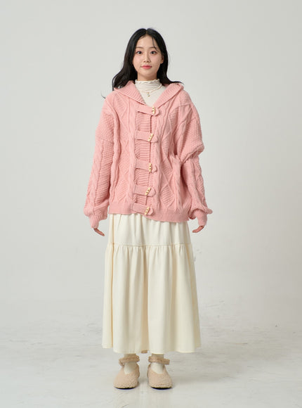 Button Hooded Twist Pattern Knit Cardigan BN02