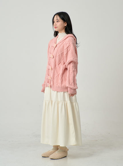 Button Hooded Twist Pattern Knit Cardigan BN02