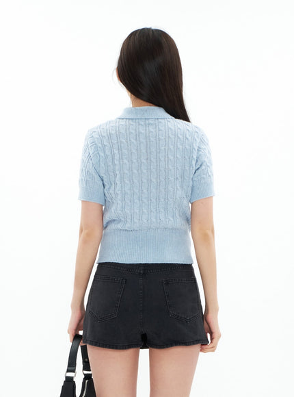 Cable Knit Collared Short-sleeve Sweater CA01
