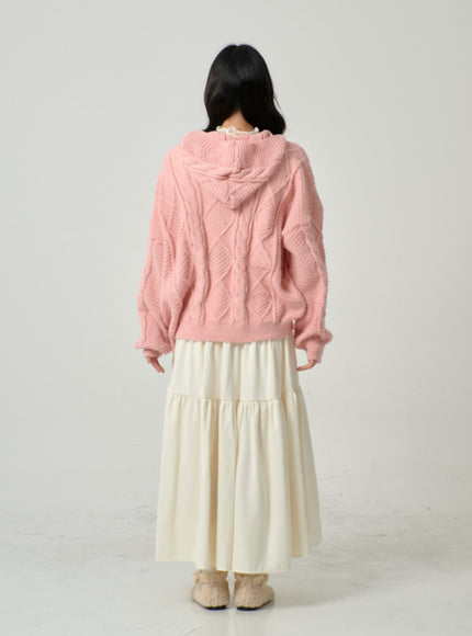 Button Hooded Twist Pattern Knit Cardigan BN02