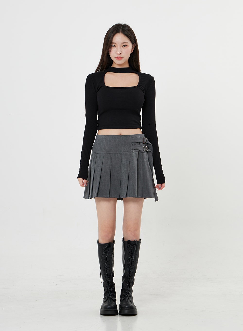 Two Side Belt Pleated Mini Skirt BO27