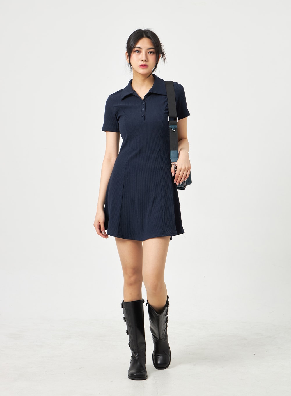 鈕扣領迷你連衣裙 BA313