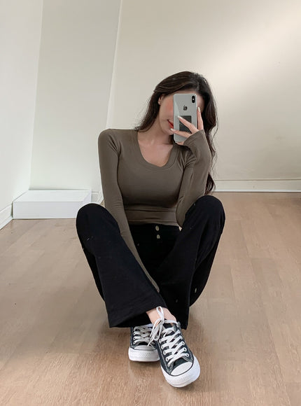 U領短款長袖T卹L1002